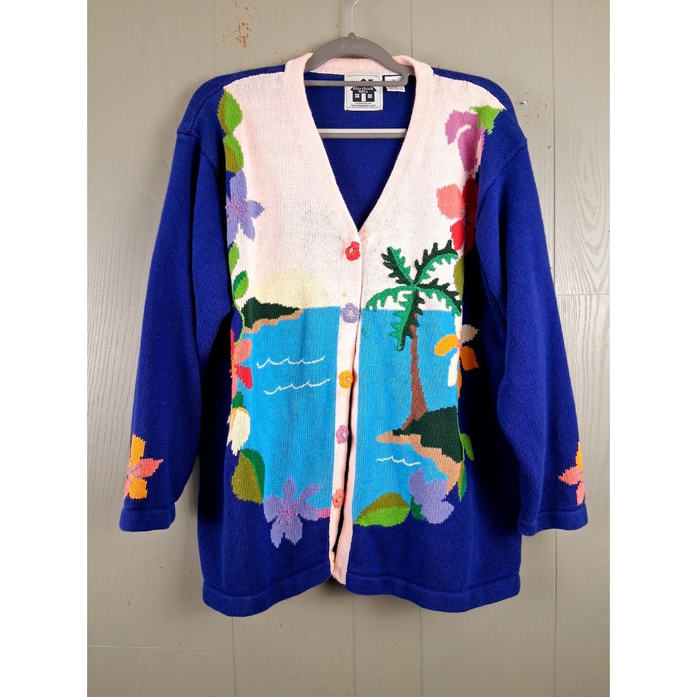 Storybook Knits Cardigan Sweater Womens 1X Tropical Island Floral Purple Knit